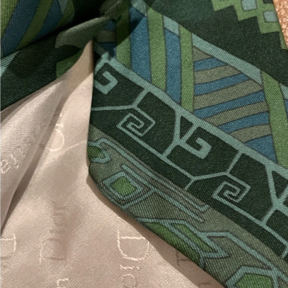 Christian Dior Vintage 1990s Monsieur Tie Geometric & Floral Print Green &Blue